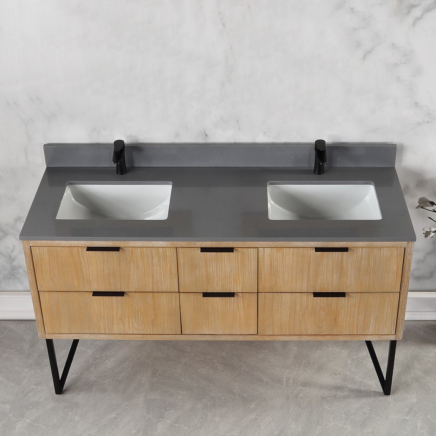 Helios 60" Double Bathroom Vanity in Weathered Pine with Carrara White Engineered Stone Countertop without Mirror