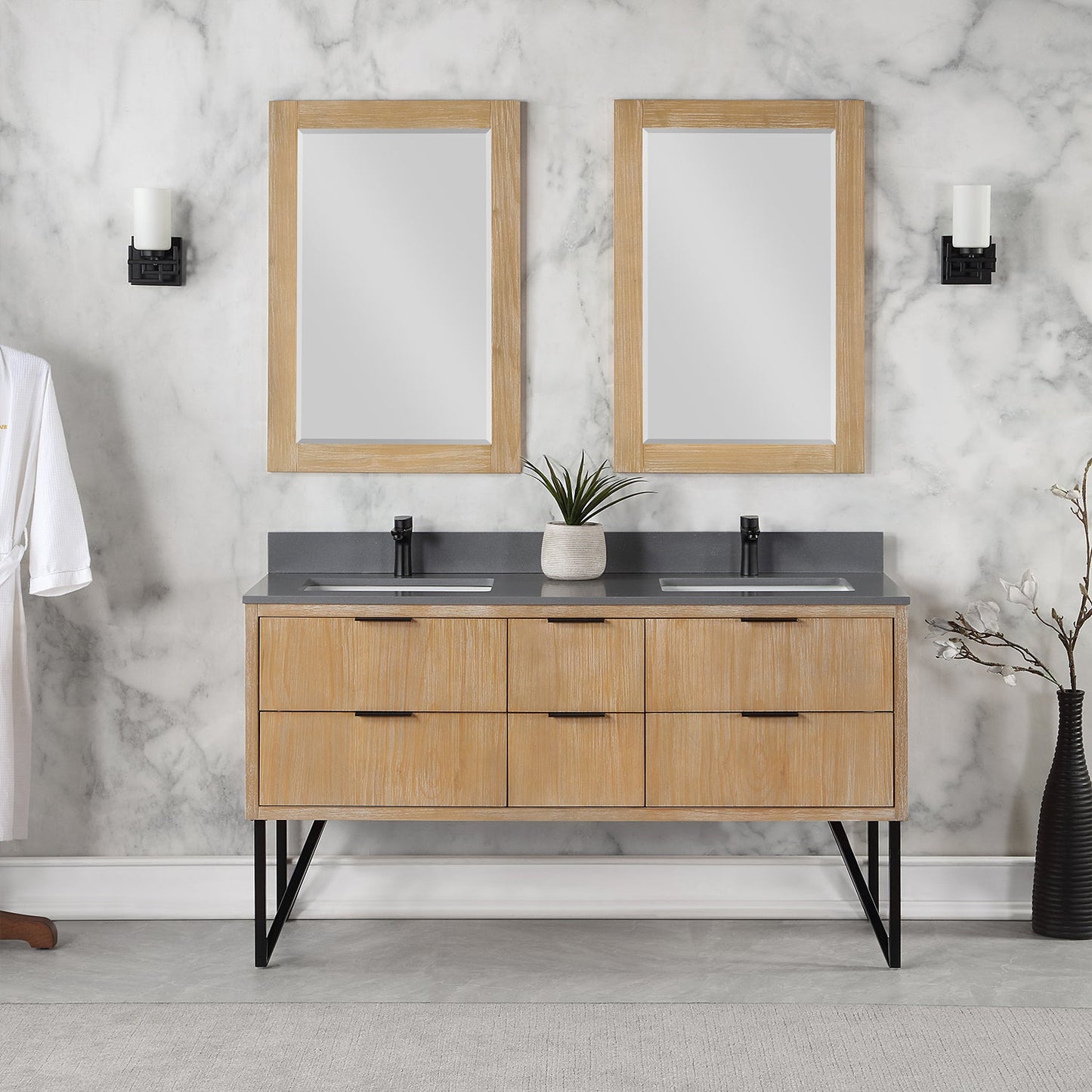 Helios 60" Double Bathroom Vanity in Weathered Pine with Carrara White Engineered Stone Countertop with Mirror