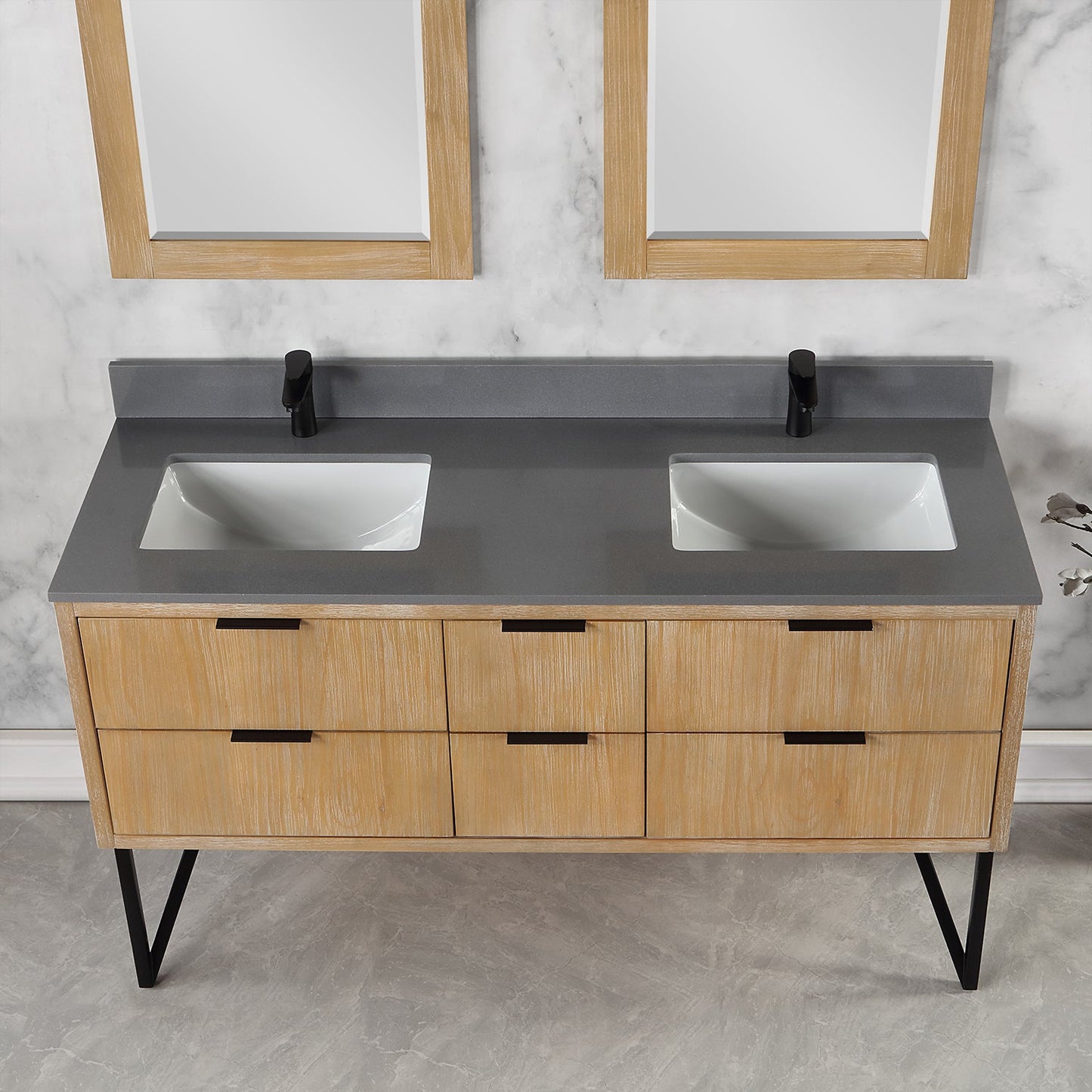 Helios 60" Double Bathroom Vanity in Weathered Pine with Carrara White Engineered Stone Countertop with Mirror