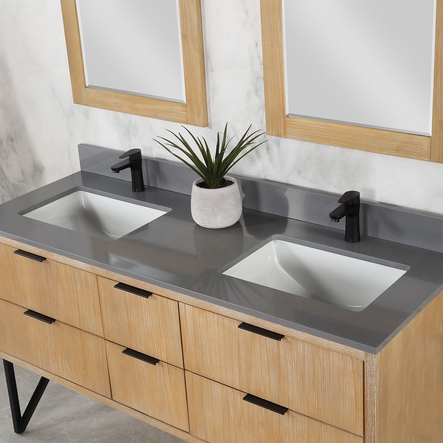 Helios 60" Double Bathroom Vanity in Weathered Pine with Carrara White Engineered Stone Countertop with Mirror