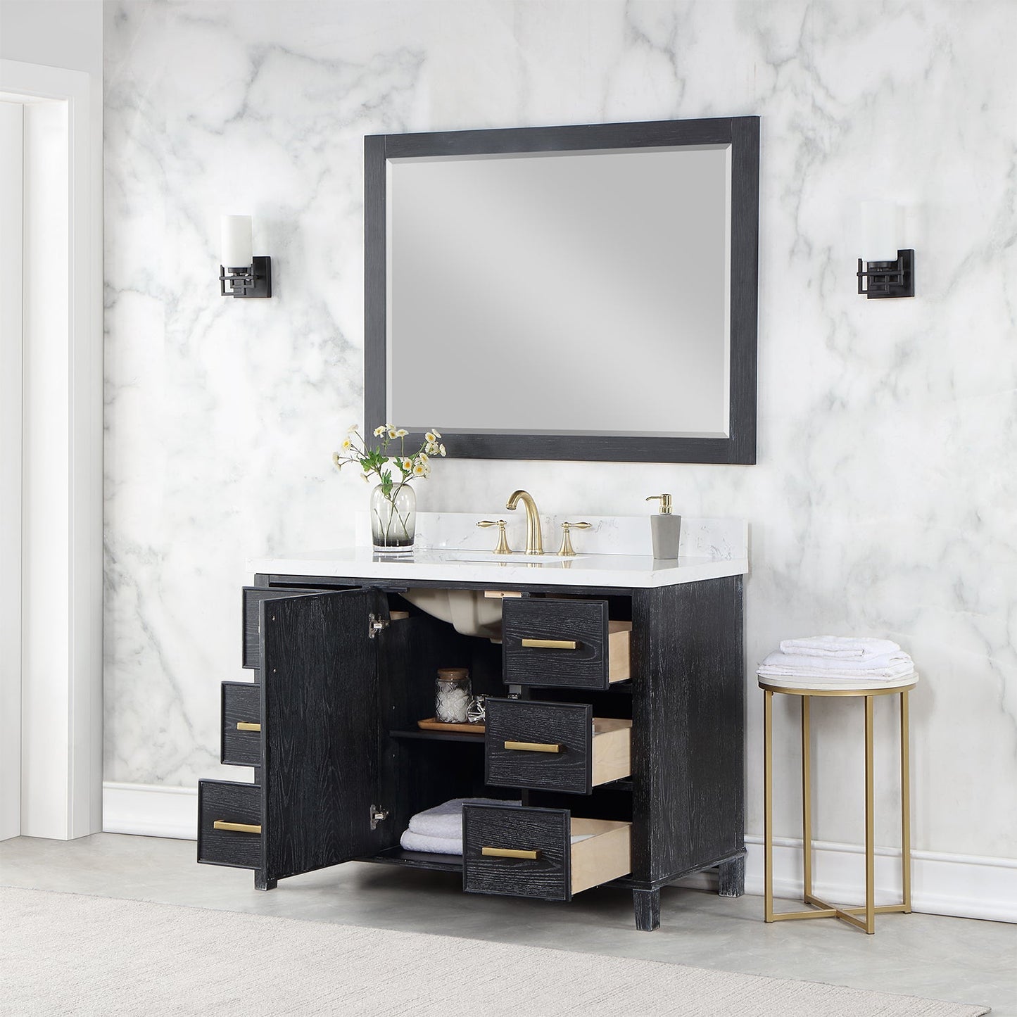 Weiser 48" Single Bathroom Vanity in Black Oak with Aosta White Engineered Stone Countertop with Mirror