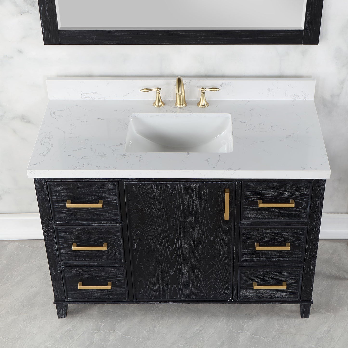 Weiser 48" Single Bathroom Vanity in Black Oak with Aosta White Engineered Stone Countertop with Mirror