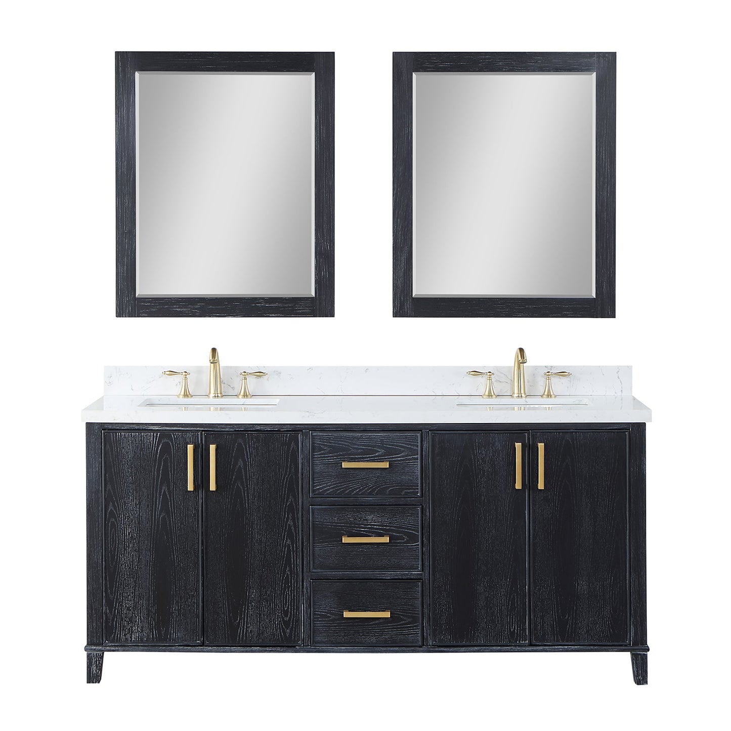 Weiser 72" Double Bathroom Vanity in Black Oak with Aosta White Engineered Stone Countertop with Mirror