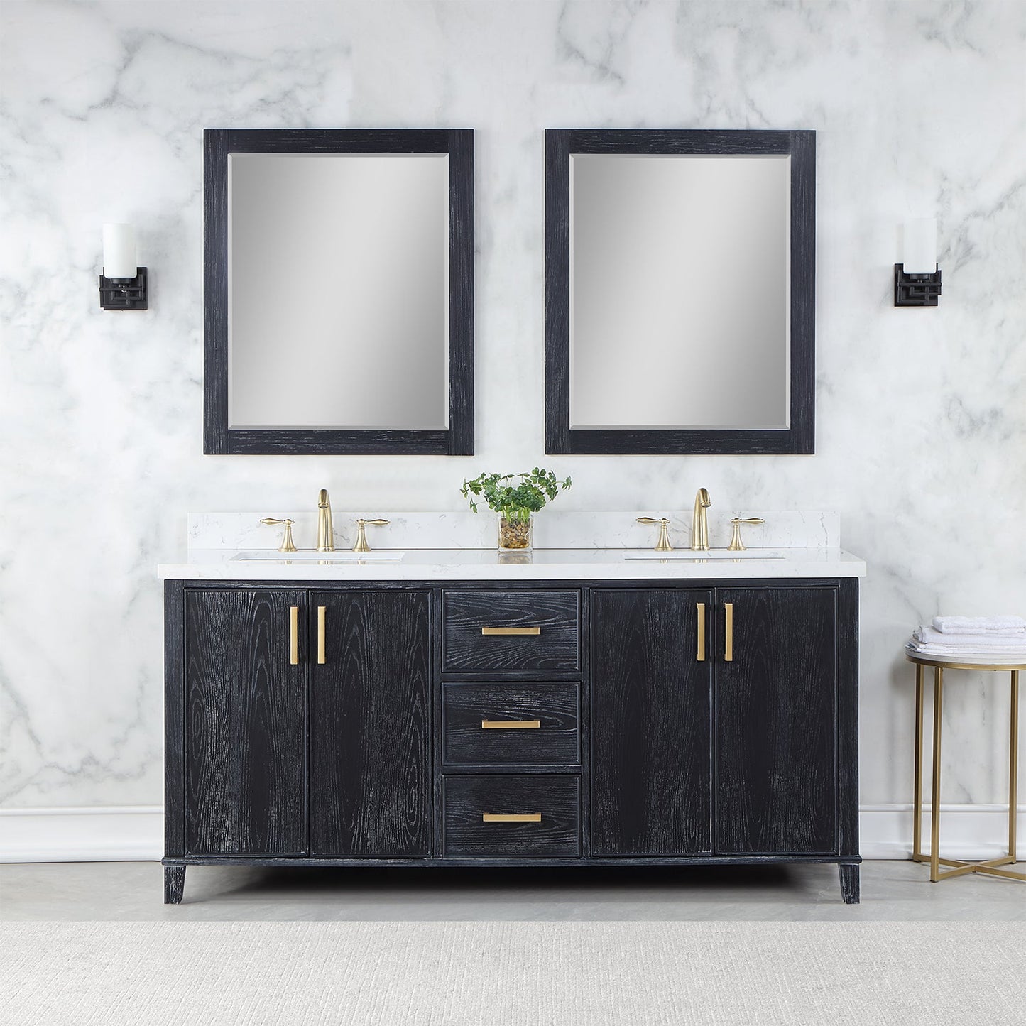 Weiser 72" Double Bathroom Vanity in Black Oak with Aosta White Engineered Stone Countertop with Mirror