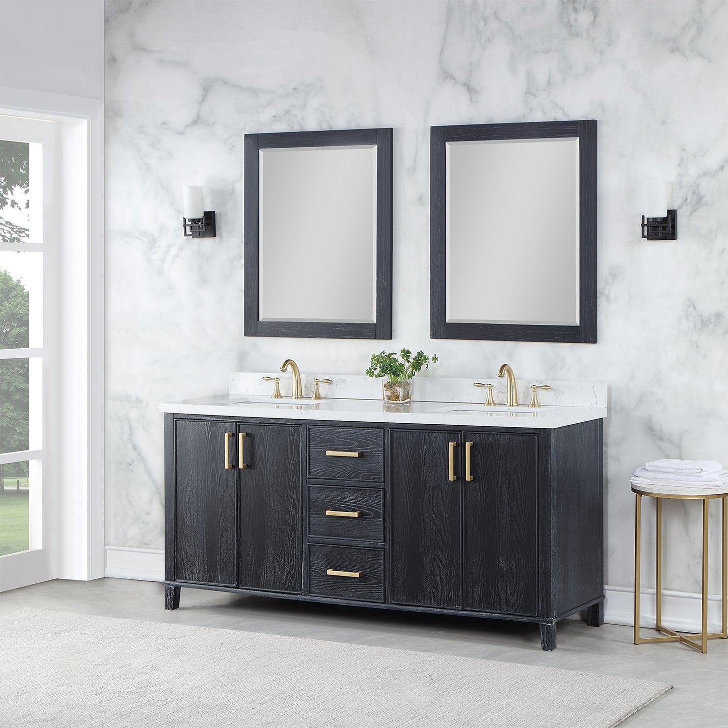Weiser 72" Double Bathroom Vanity in Black Oak with Aosta White Engineered Stone Countertop with Mirror