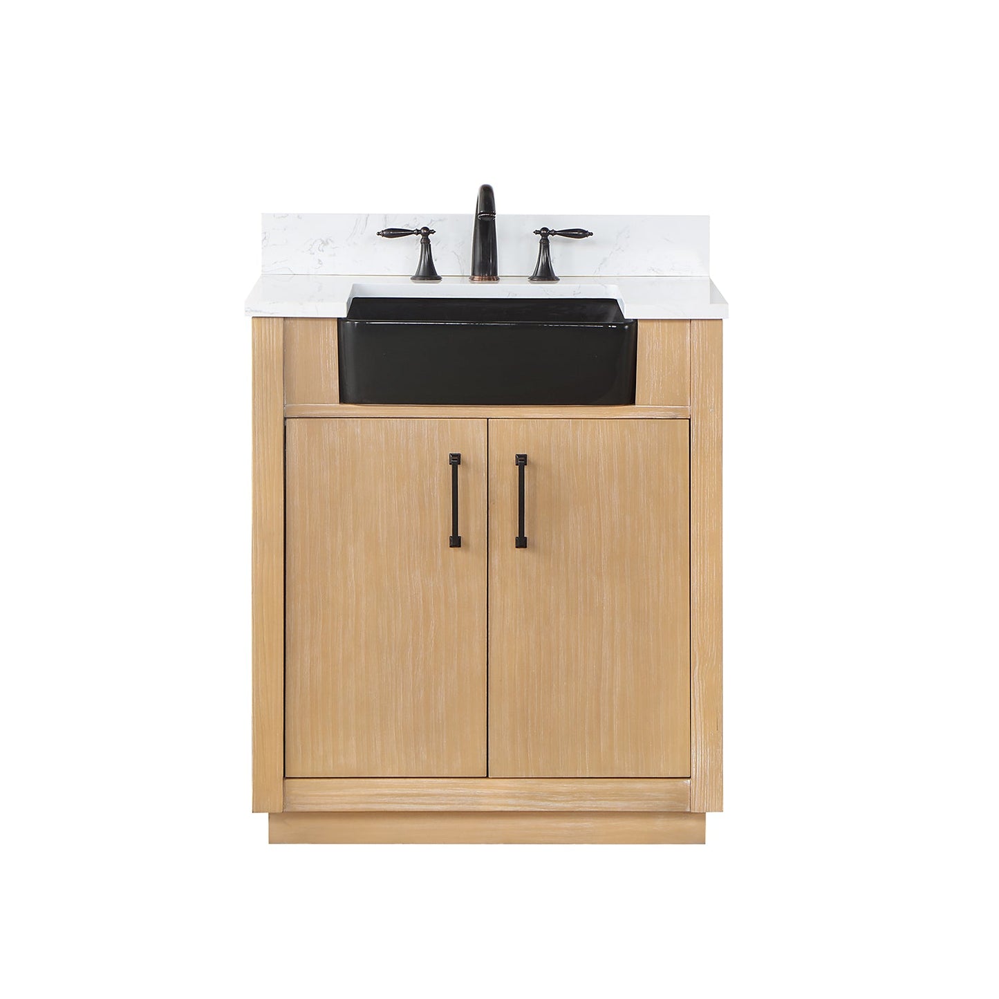 Novago 30" Single Bathroom Vanity in Weathered Pine with Aosta White Engineered Stone Countertop and Farmhouse Sink without Mirror