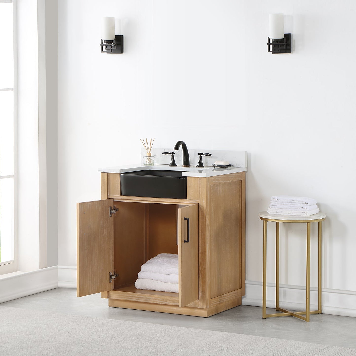 Novago 30" Single Bathroom Vanity in Weathered Pine with Aosta White Engineered Stone Countertop and Farmhouse Sink without Mirror