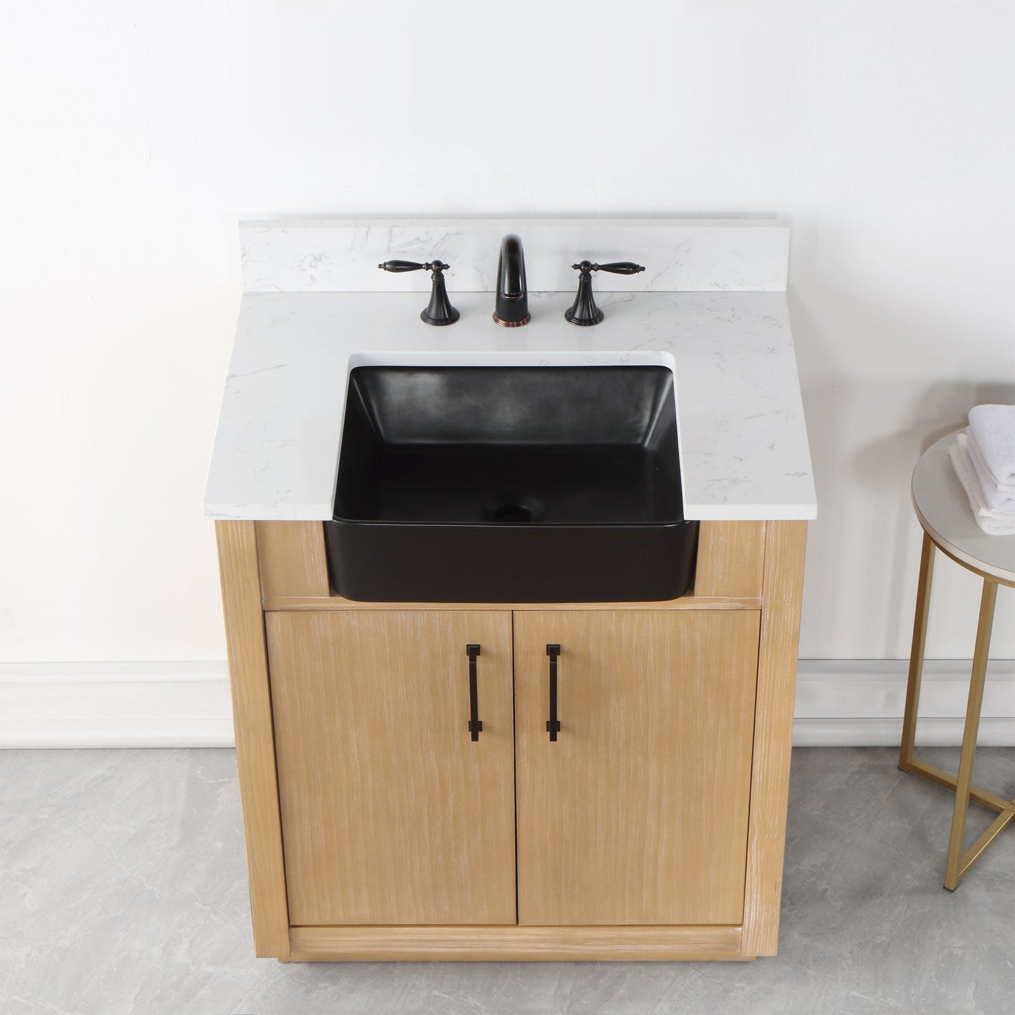 Novago 30" Single Bathroom Vanity in Weathered Pine with Aosta White Engineered Stone Countertop and Farmhouse Sink without Mirror