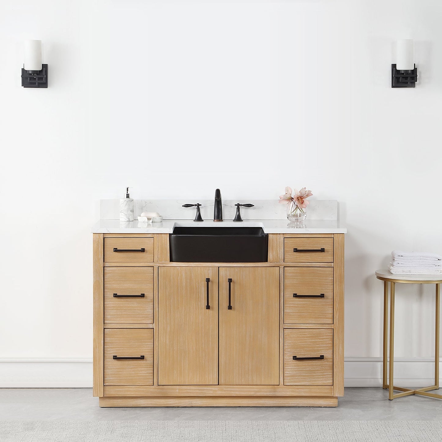 Novago 48" Single Bathroom Vanity in Weathered Pine with Aosta White Engineered Stone Countertop and Farmhouse Sink without Mirror