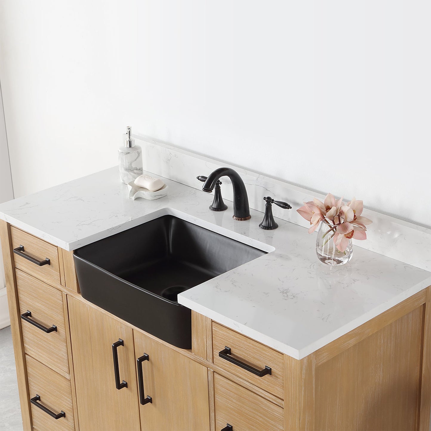 Novago 48" Single Bathroom Vanity in Weathered Pine with Aosta White Engineered Stone Countertop and Farmhouse Sink without Mirror