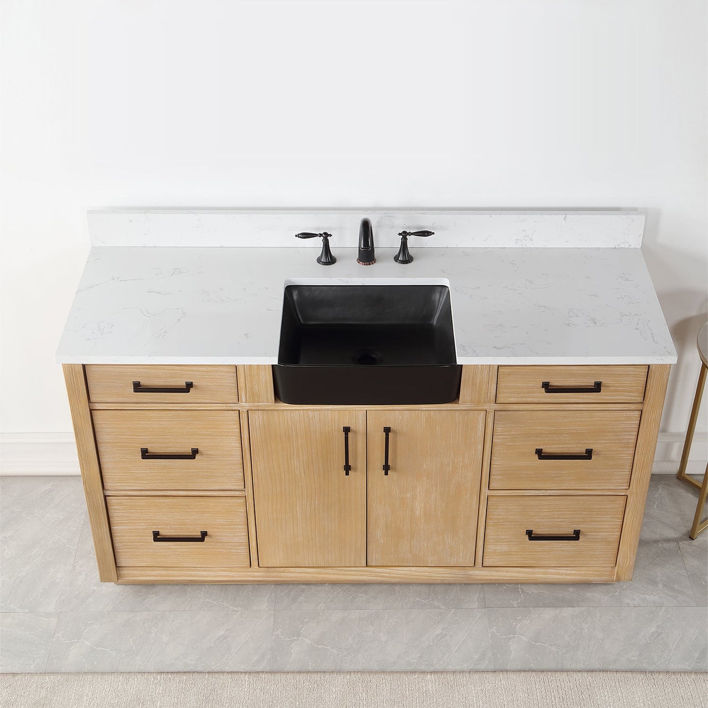 Novago 60" Single Bathroom Vanity in Weathered Pine with Aosta White Engineered Stone Countertop and Farmhouse Sink without Mirror