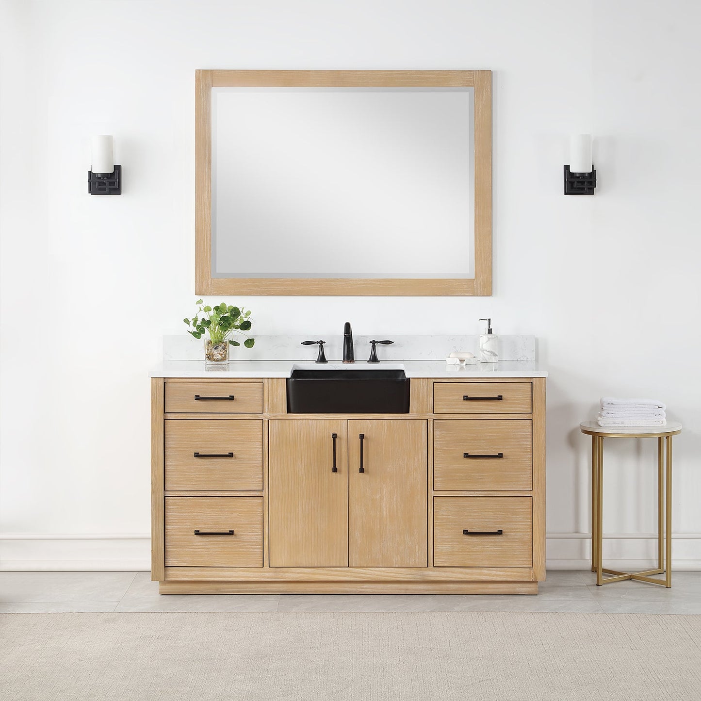 Novago 60" Single Bathroom Vanity in Weathered Pine with Aosta White Engineered Stone Countertop and Farmhouse Sink with Mirror