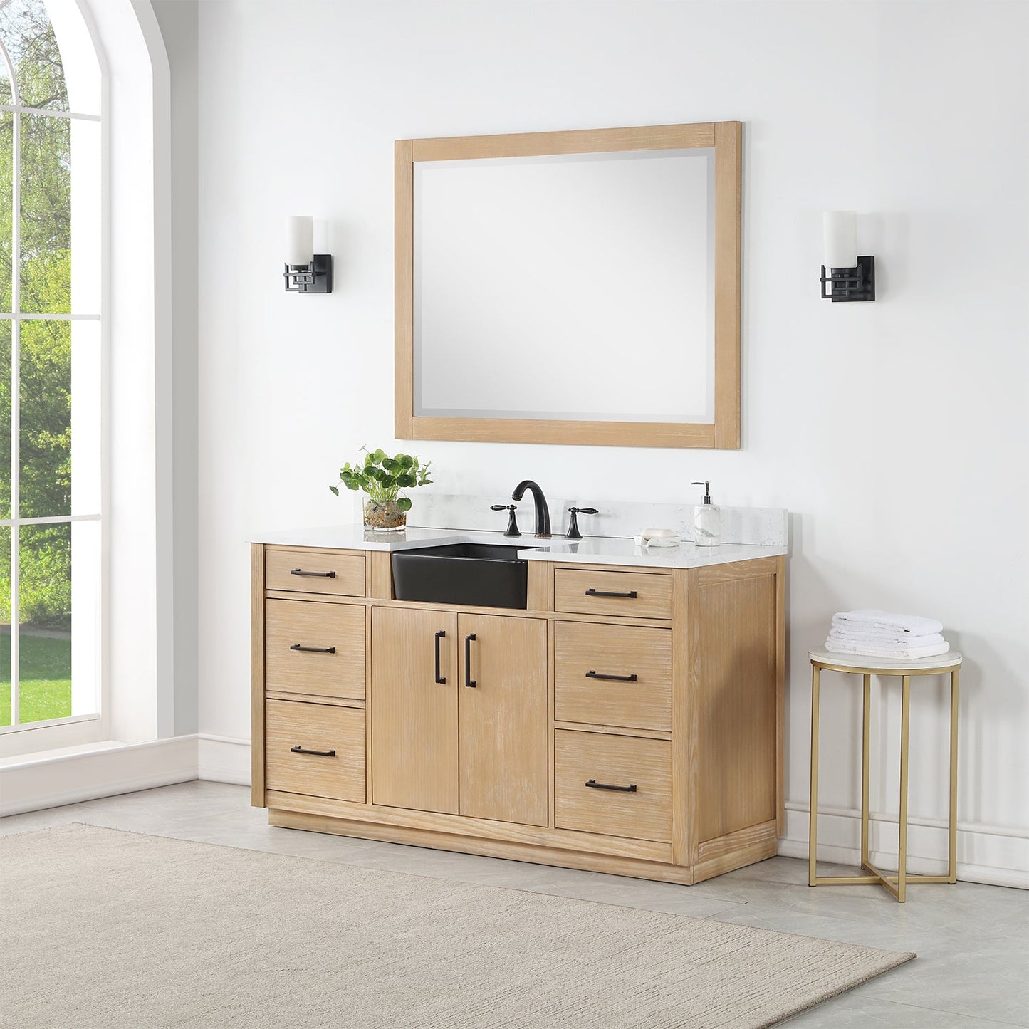 Novago 60" Single Bathroom Vanity in Weathered Pine with Aosta White Engineered Stone Countertop and Farmhouse Sink with Mirror