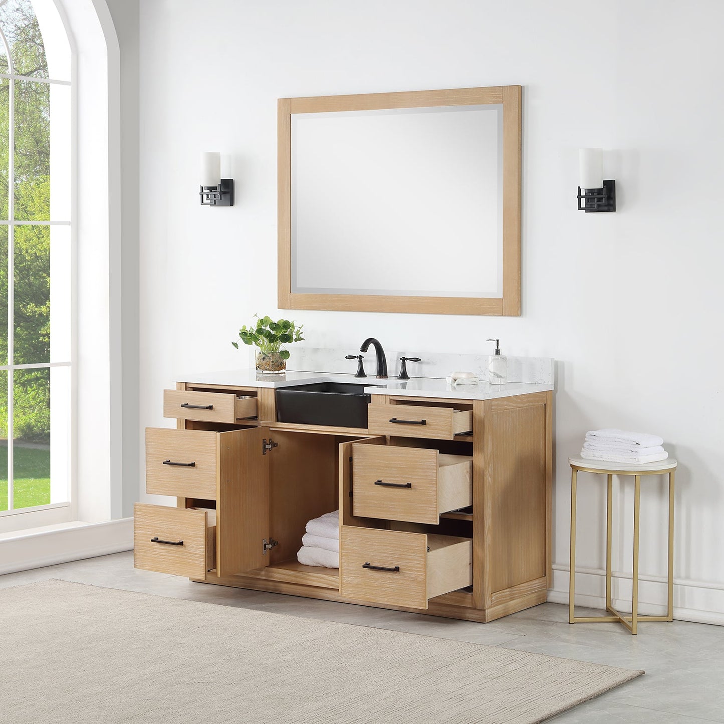 Novago 60" Single Bathroom Vanity in Weathered Pine with Aosta White Engineered Stone Countertop and Farmhouse Sink with Mirror