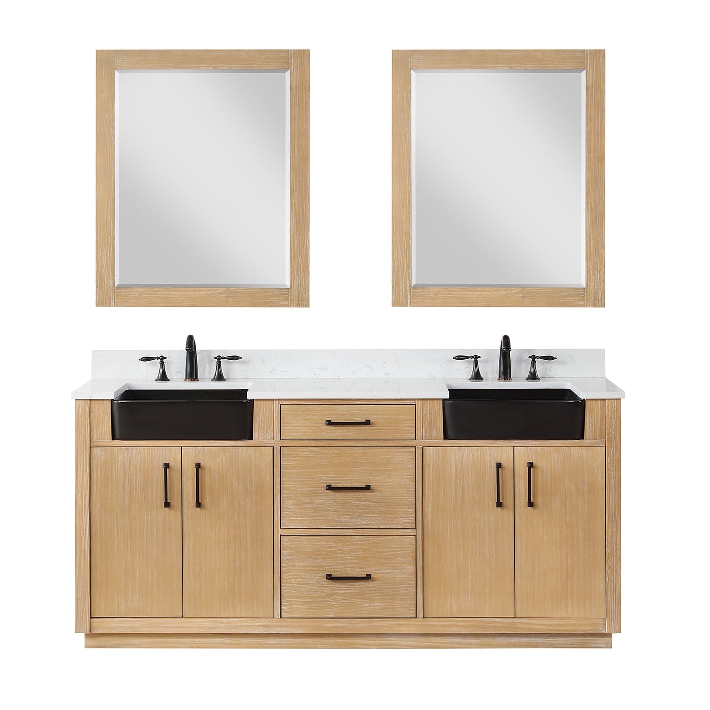Novago 72" Double Bathroom Vanity in Weathered Pine with Aosta White Engineered Stone Countertop and Farmhouse Sink with Mirror