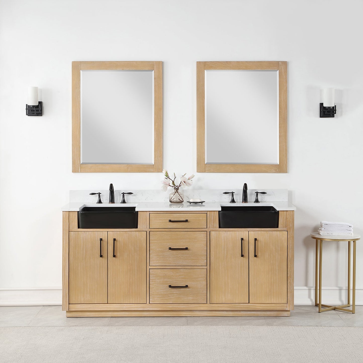 Novago 72" Double Bathroom Vanity in Weathered Pine with Aosta White Engineered Stone Countertop and Farmhouse Sink with Mirror