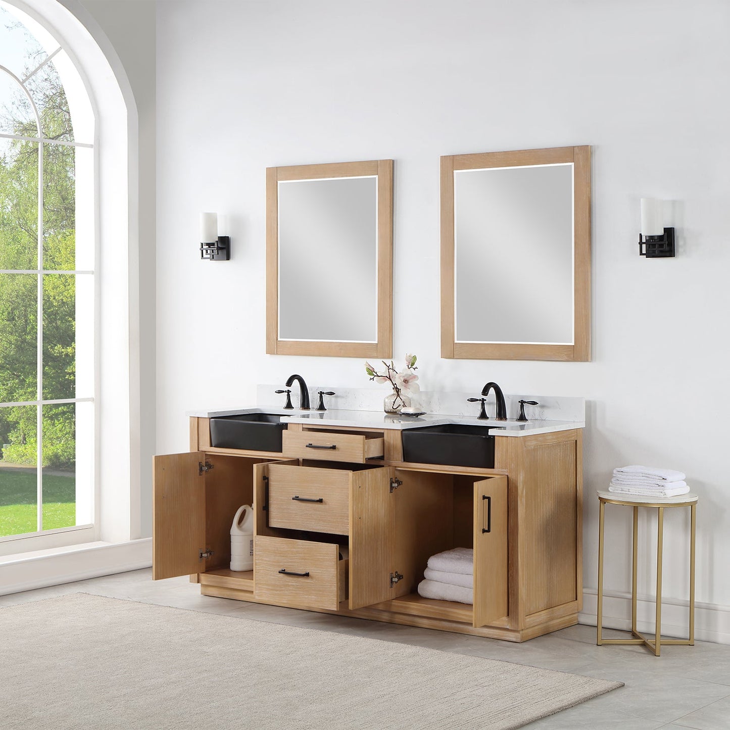 Novago 72" Double Bathroom Vanity in Weathered Pine with Aosta White Engineered Stone Countertop and Farmhouse Sink with Mirror