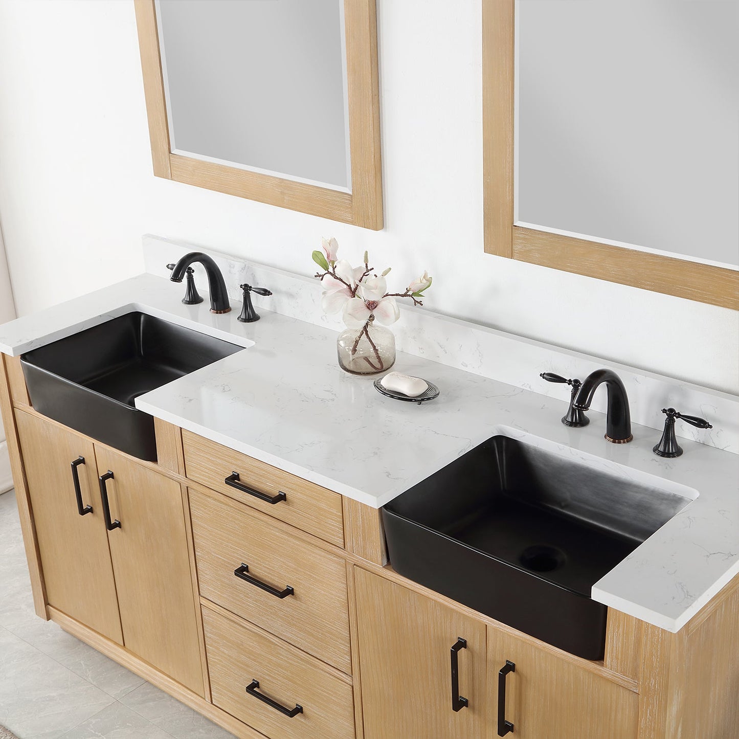 Novago 72" Double Bathroom Vanity in Weathered Pine with Aosta White Engineered Stone Countertop and Farmhouse Sink with Mirror