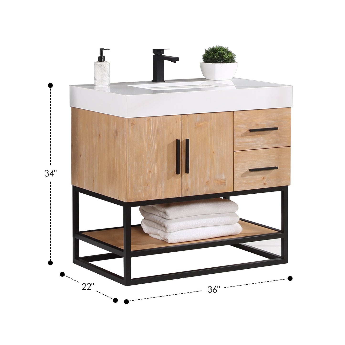 Bianco 36" Single Bathroom Vanity in Light Brown with Matte Black Support Base and White Engineered Stone Countertop without Mirror