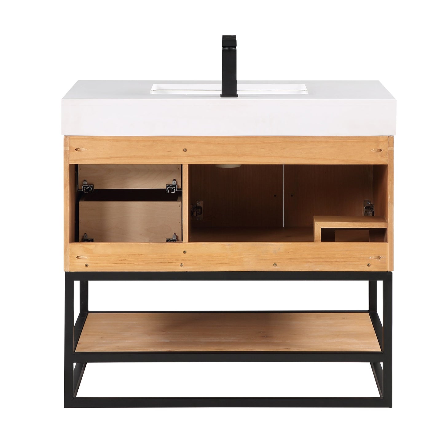 Bianco 36" Single Bathroom Vanity in Light Brown with Matte Black Support Base and White Engineered Stone Countertop without Mirror