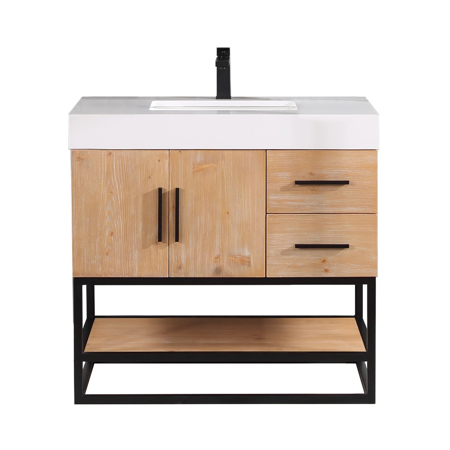 Bianco 36" Single Bathroom Vanity in Light Brown with Matte Black Support Base and White Engineered Stone Countertop without Mirror