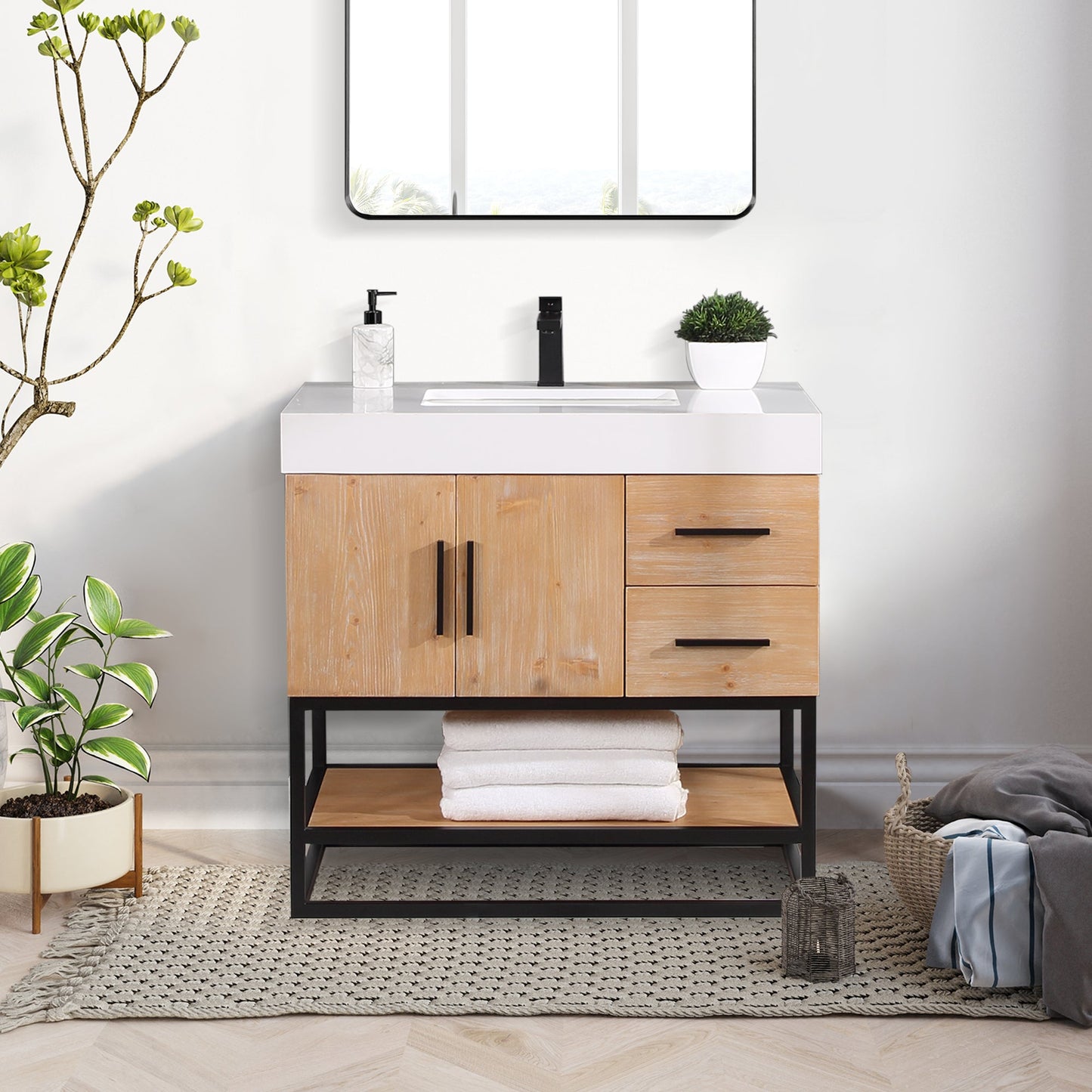 Bianco 36" Single Bathroom Vanity in Light Brown with Matte Black Support Base and White Engineered Stone Countertop without Mirror