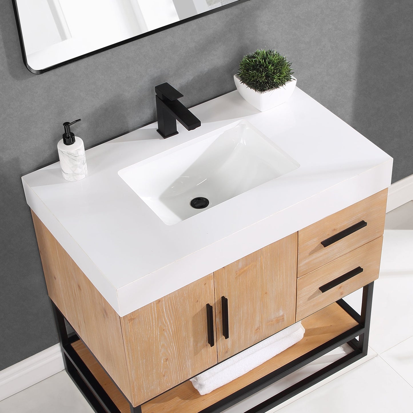 Bianco 36" Single Bathroom Vanity in Light Brown with Matte Black Support Base and White Engineered Stone Countertop without Mirror