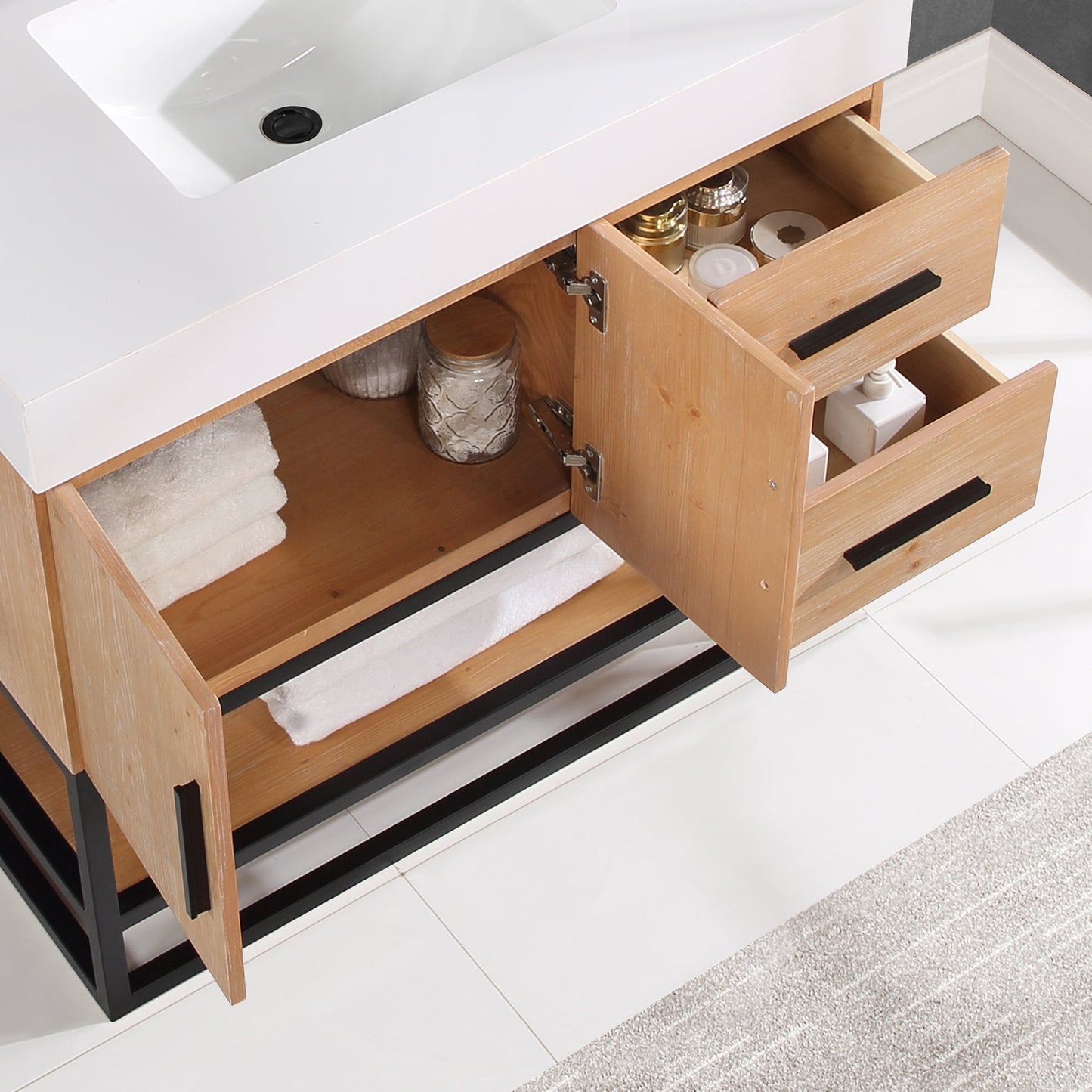 Bianco 36" Single Bathroom Vanity in Light Brown with Matte Black Support Base and White Engineered Stone Countertop without Mirror