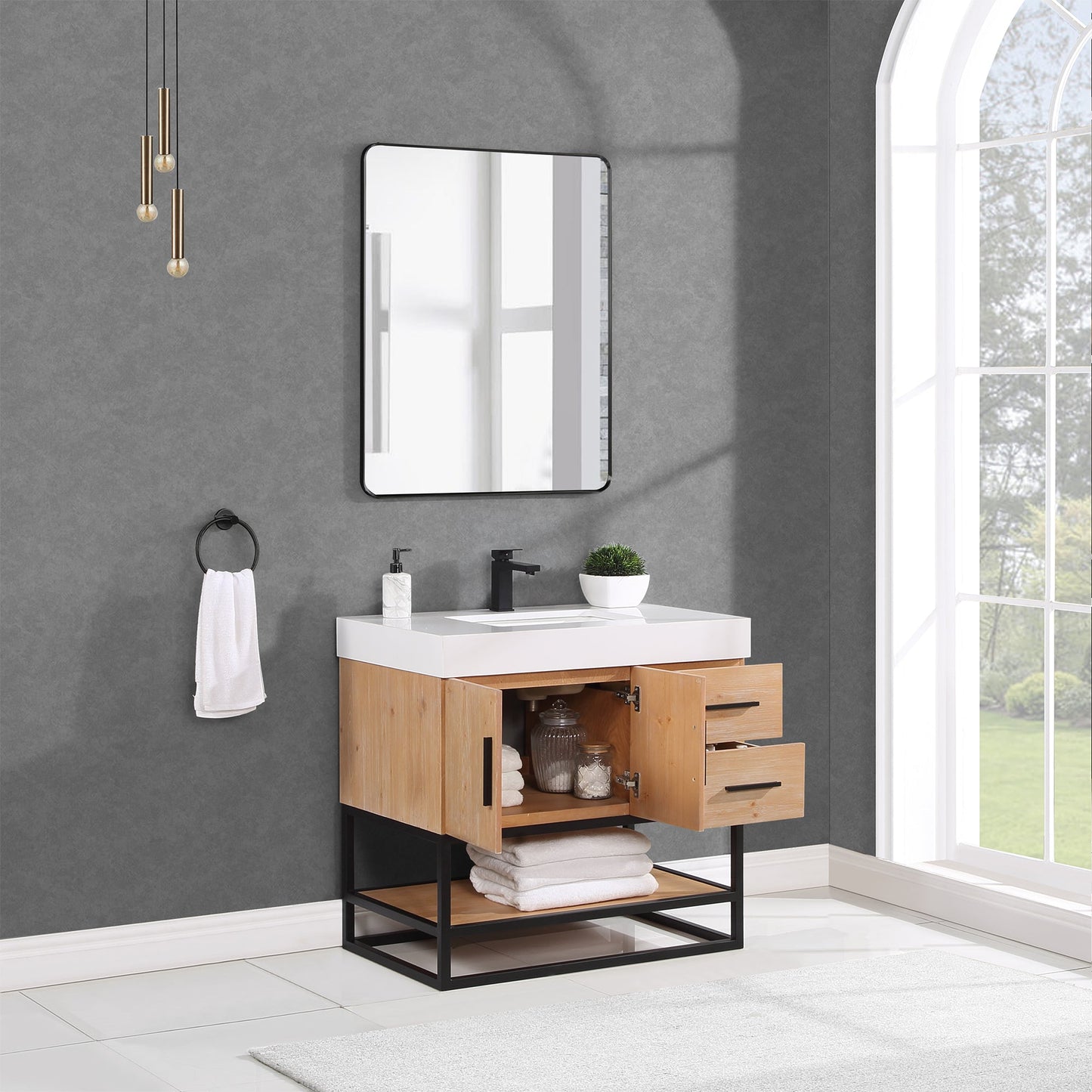 Bianco 36" Single Bathroom Vanity in Light Brown with Matte Black Support Base and White Engineered Stone Countertop with Mirror