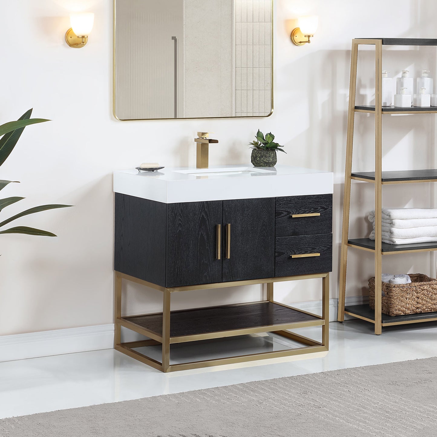 Bianco 36" Single Bathroom Vanity in Black Oak with Brushed Gold Support Base and White Engineered Stone Countertop without Mirror