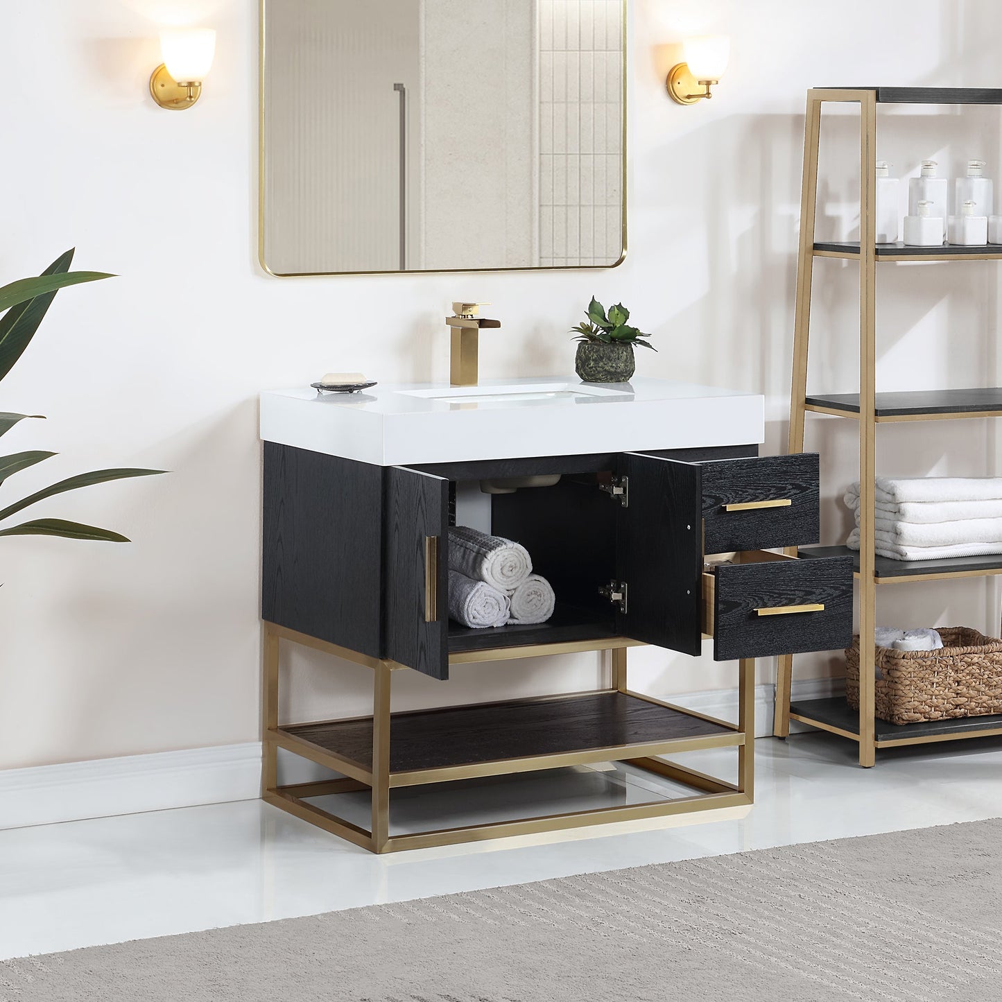 Bianco 36" Single Bathroom Vanity in Black Oak with Brushed Gold Support Base and White Engineered Stone Countertop without Mirror