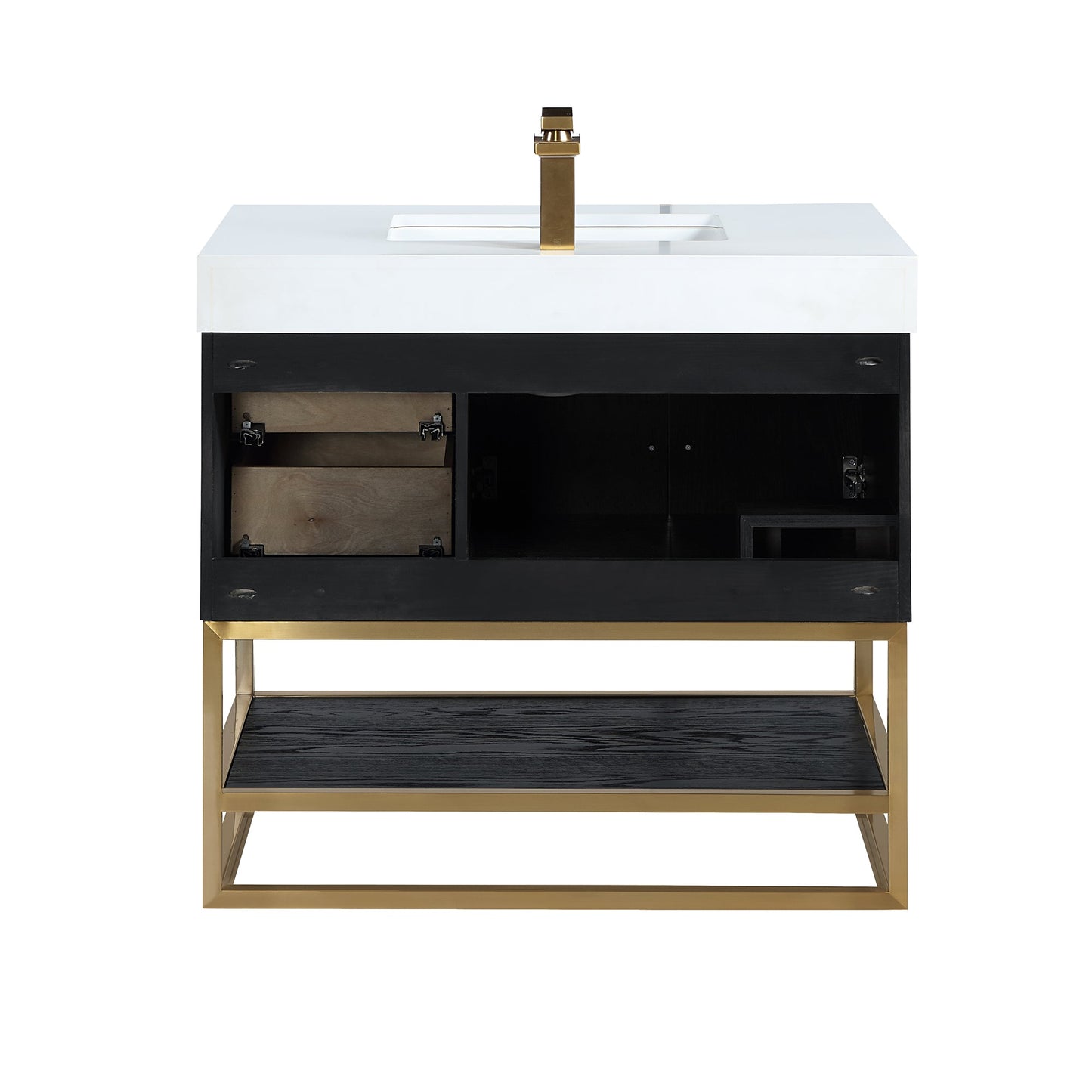 Bianco 36" Single Bathroom Vanity in Black Oak with Brushed Gold Support Base and White Engineered Stone Countertop with Mirror