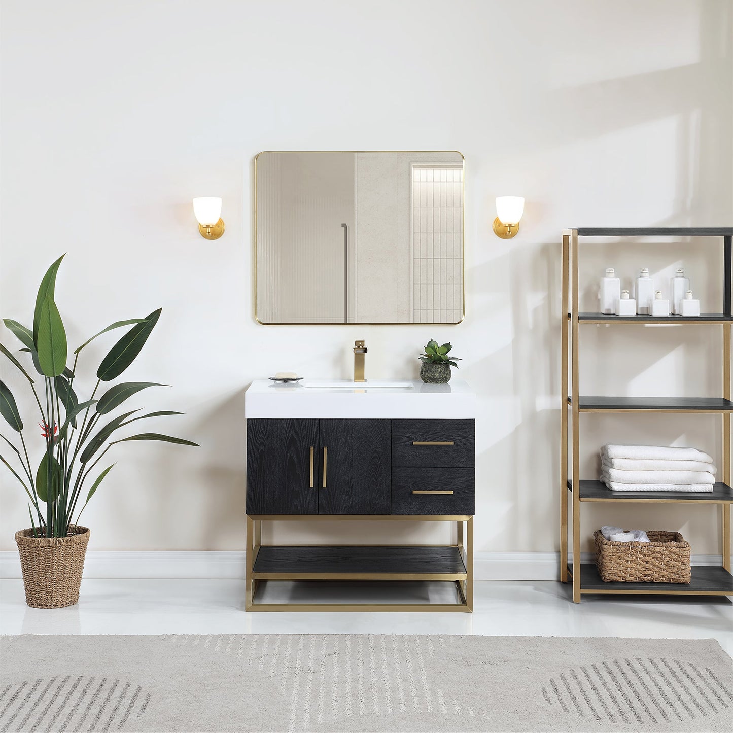 Bianco 36" Single Bathroom Vanity in Black Oak with Brushed Gold Support Base and White Engineered Stone Countertop with Mirror