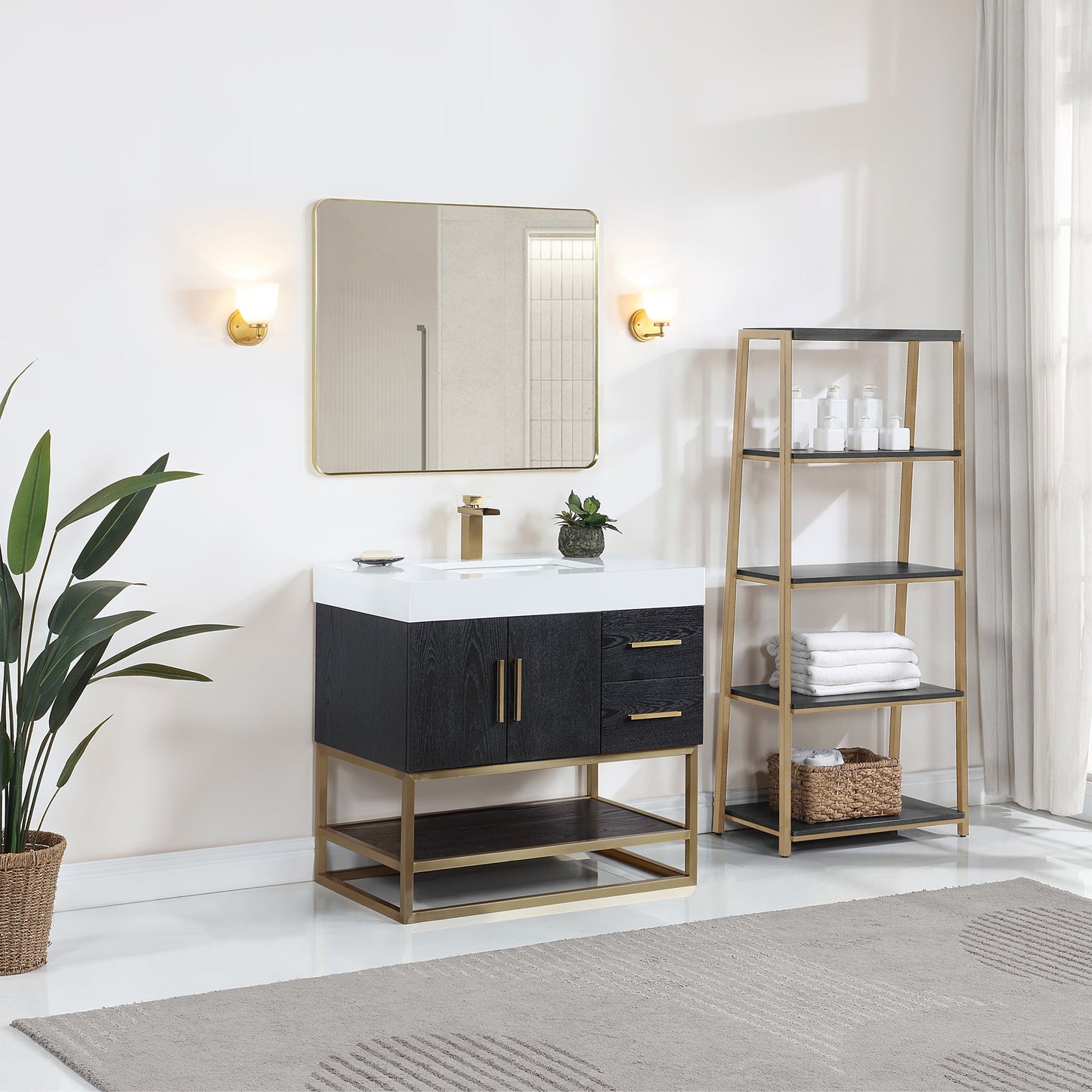 Bianco 36" Single Bathroom Vanity in Black Oak with Brushed Gold Support Base and White Engineered Stone Countertop with Mirror