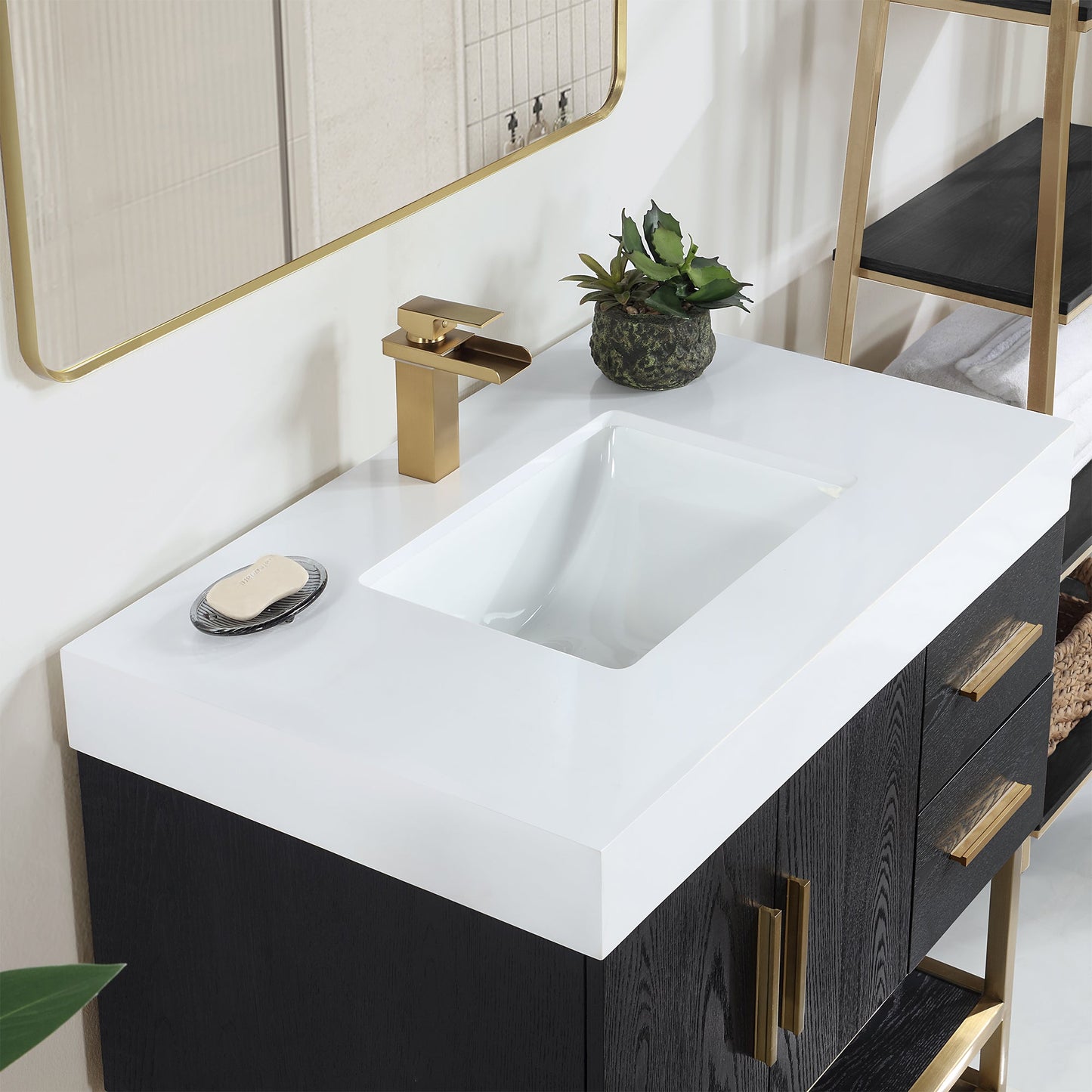 Bianco 36" Single Bathroom Vanity in Black Oak with Brushed Gold Support Base and White Engineered Stone Countertop with Mirror