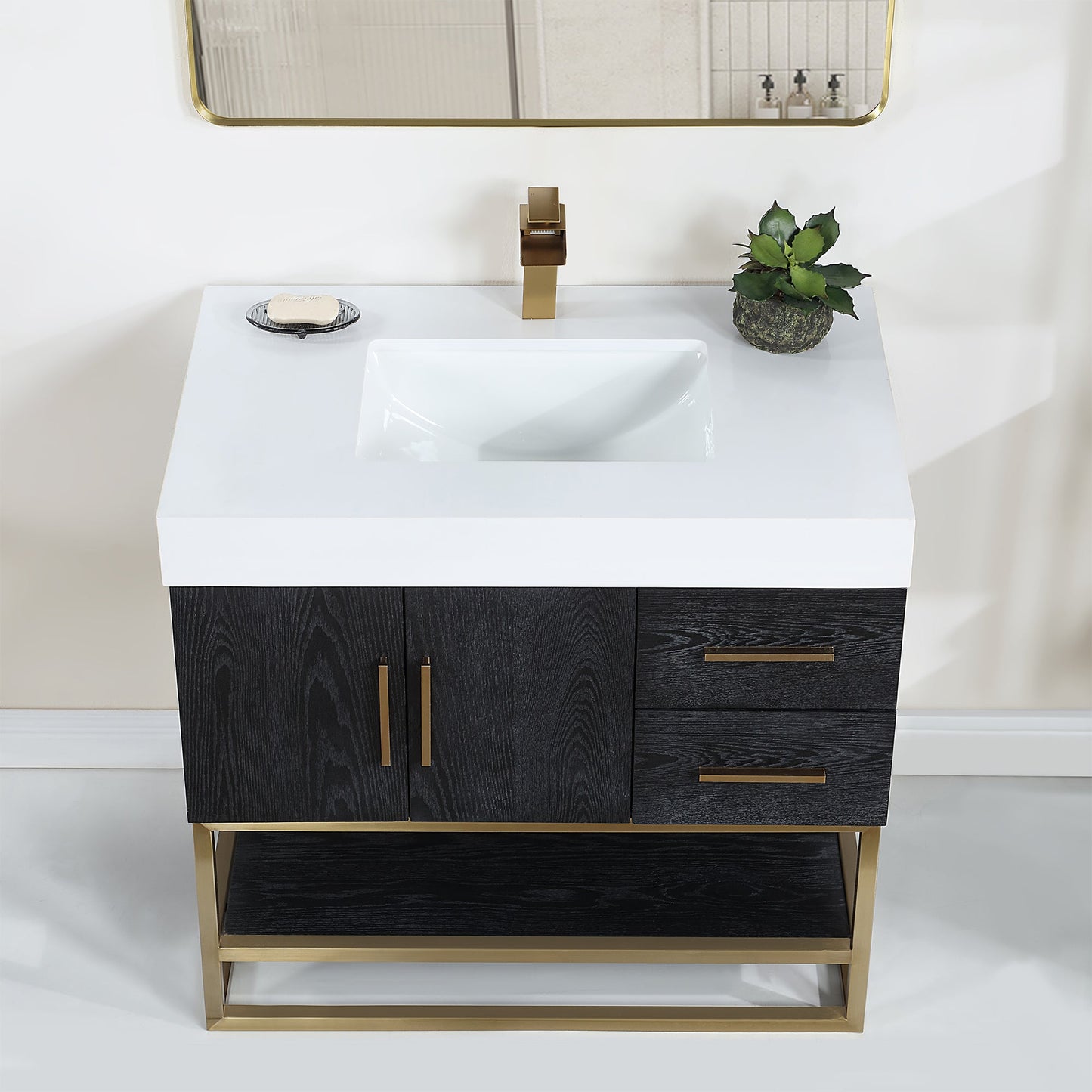 Bianco 36" Single Bathroom Vanity in Black Oak with Brushed Gold Support Base and White Engineered Stone Countertop with Mirror