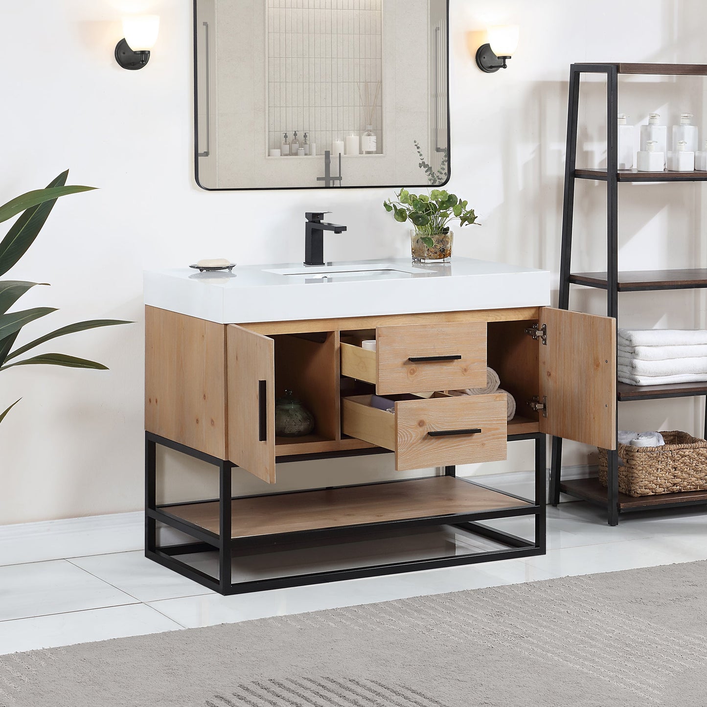 Bianco 42" Single Bathroom Vanity in Light Brown with Matte Black Support Base and White Engineered Stone Countertop without Mirror