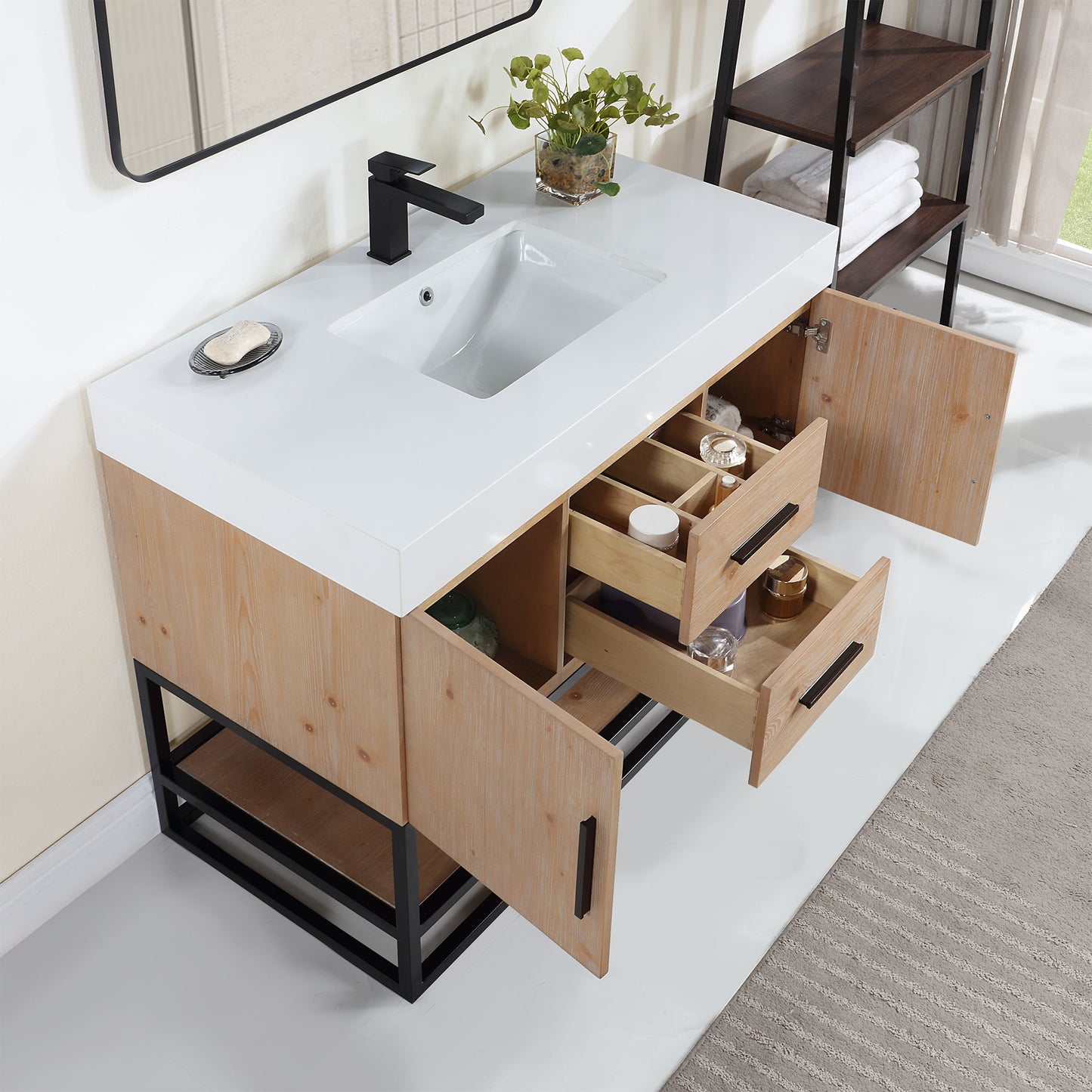 Bianco 42" Single Bathroom Vanity in Light Brown with Matte Black Support Base and White Engineered Stone Countertop without Mirror
