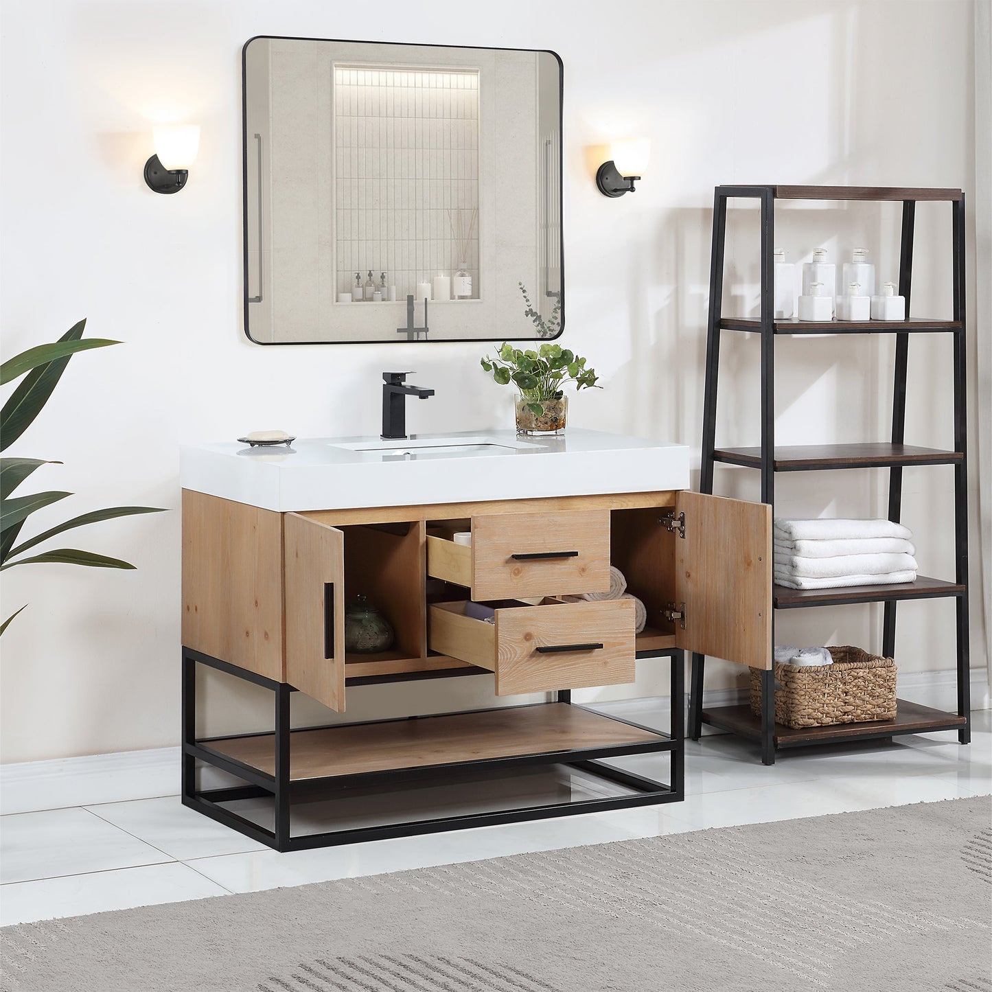 Bianco 42" Single Bathroom Vanity in Light Brown with Matte Black Support Base and White Engineered Stone Countertop with Mirror