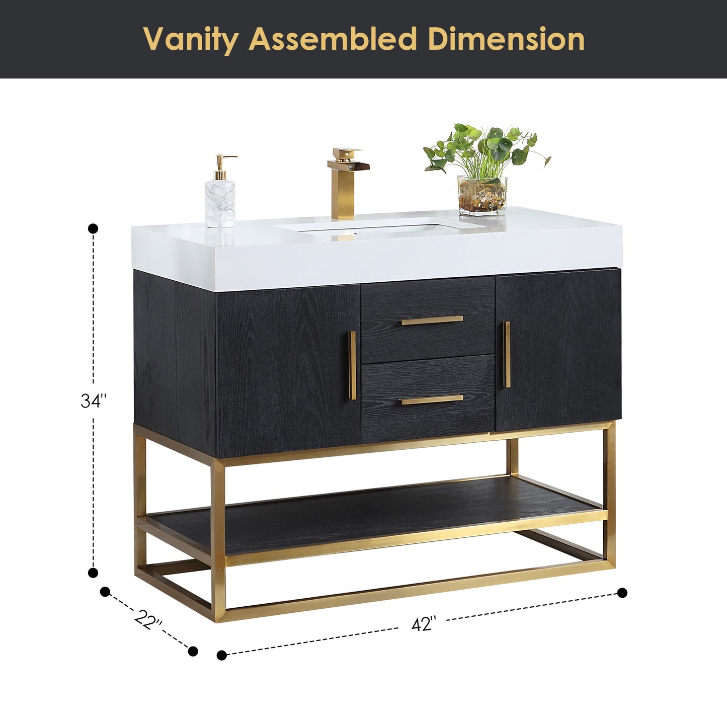 Bianco 42" Single Bathroom Vanity in Black Oak with Brushed Gold Support Base and White Engineered Stone Countertop without Mirror