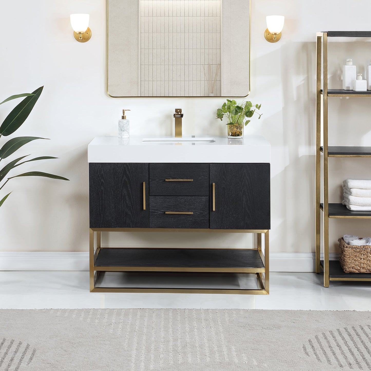 Bianco 42" Single Bathroom Vanity in Black Oak with Brushed Gold Support Base and White Engineered Stone Countertop without Mirror