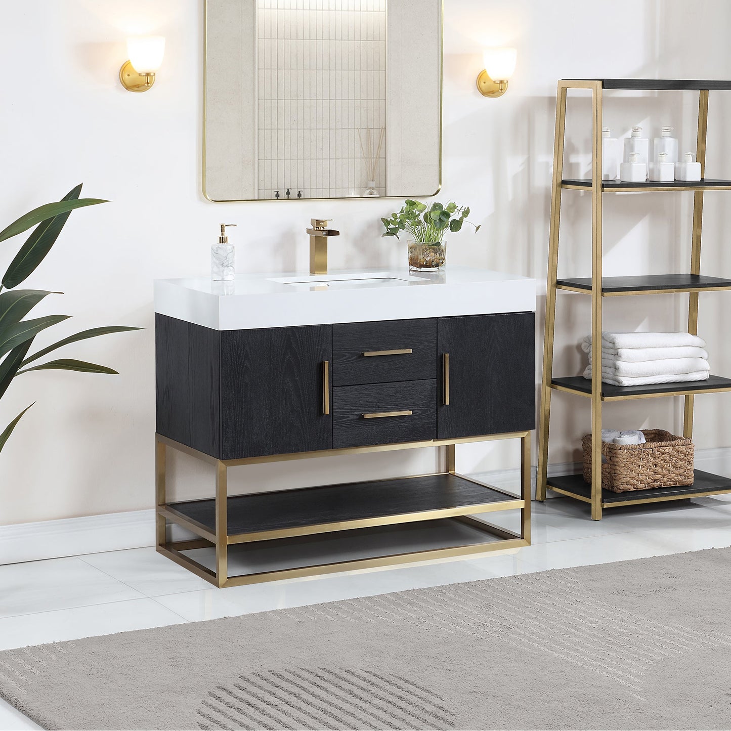 Bianco 42" Single Bathroom Vanity in Black Oak with Brushed Gold Support Base and White Engineered Stone Countertop without Mirror