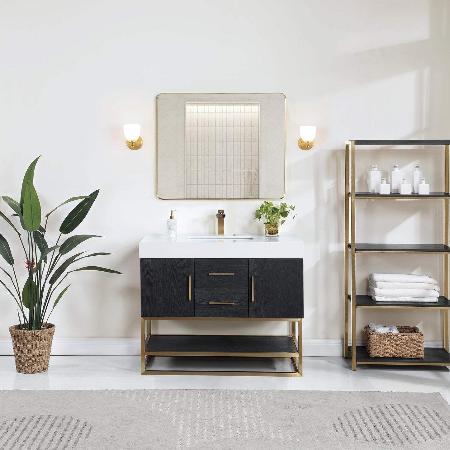 Bianco 42" Single Bathroom Vanity in Black Oak with Brushed Gold Support Base and White Engineered Stone Countertop with Mirror