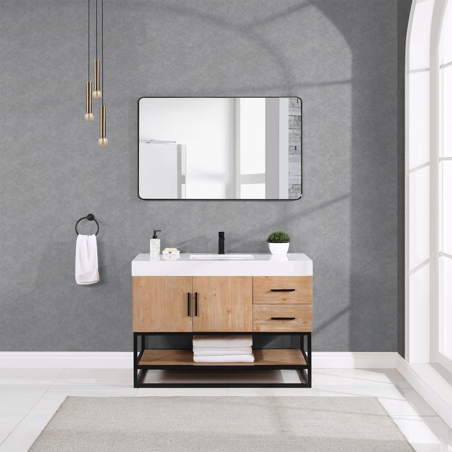 Bianco 48" Single Bathroom Vanity in Light Brown with Matte Black Support Base and White Engineered Stone Countertop without Mirror