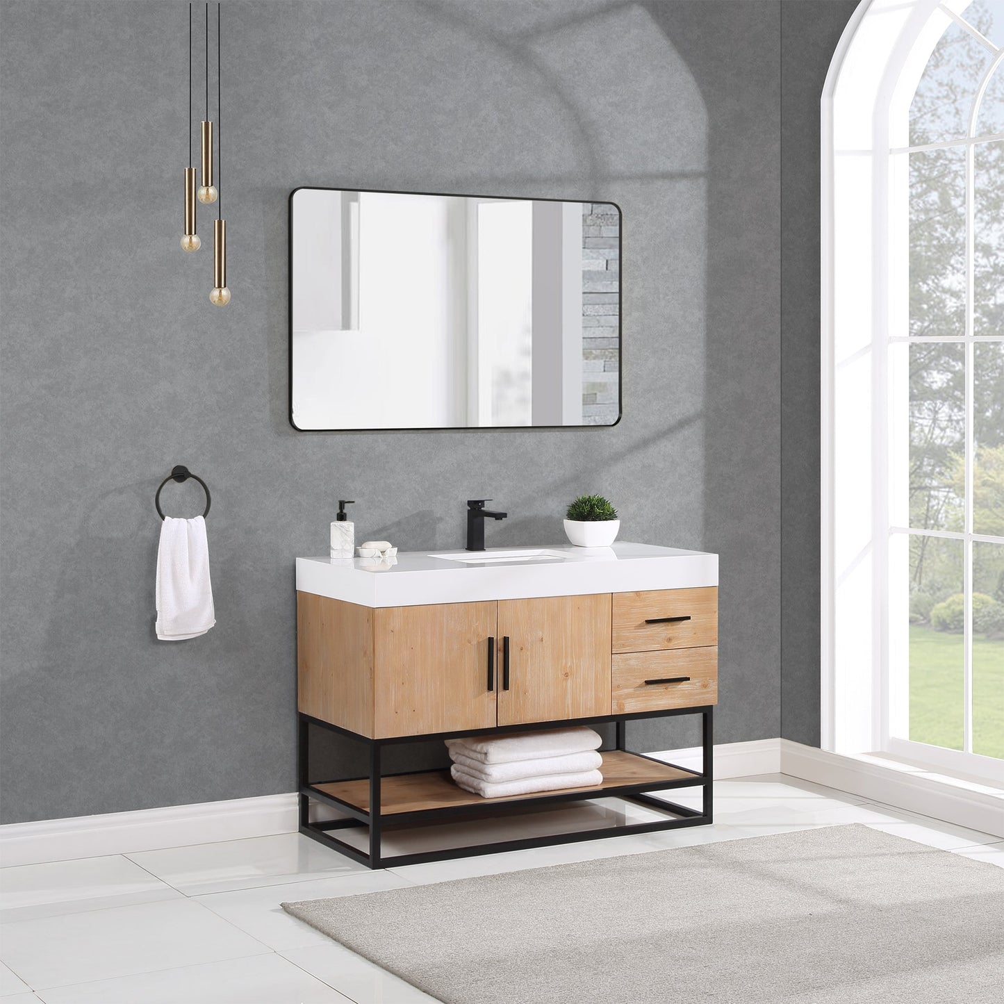 Bianco 48" Single Bathroom Vanity in Light Brown with Matte Black Support Base and White Engineered Stone Countertop without Mirror
