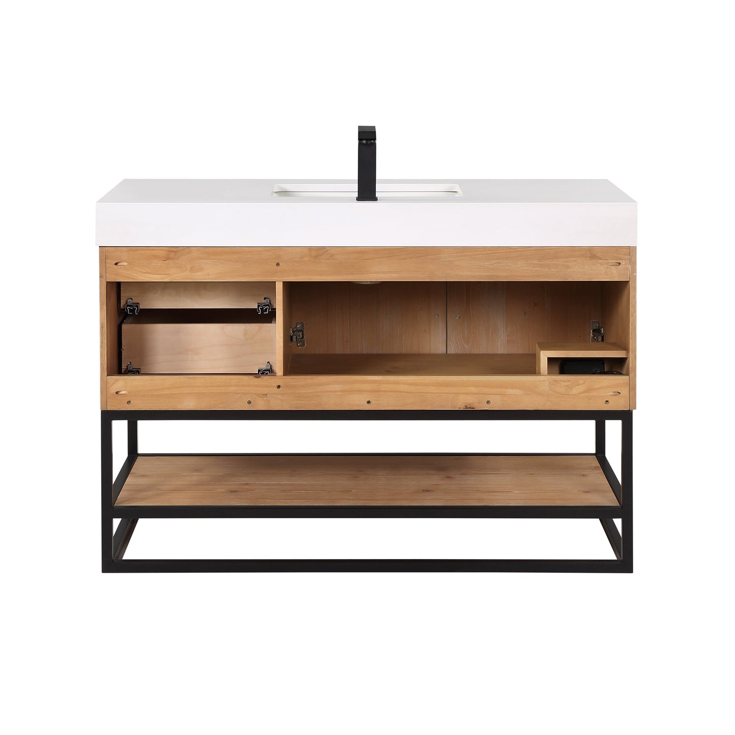 Bianco 48" Single Bathroom Vanity in Light Brown with Matte Black Support Base and White Engineered Stone Countertop without Mirror