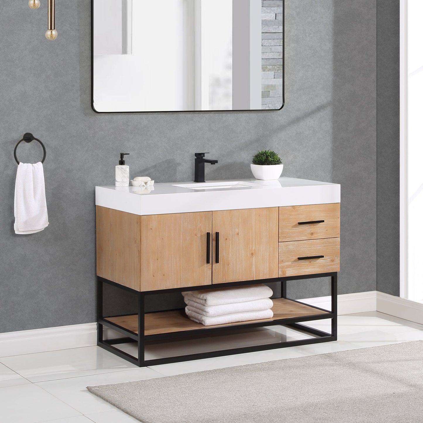 Bianco 48" Single Bathroom Vanity in Light Brown with Matte Black Support Base and White Engineered Stone Countertop without Mirror