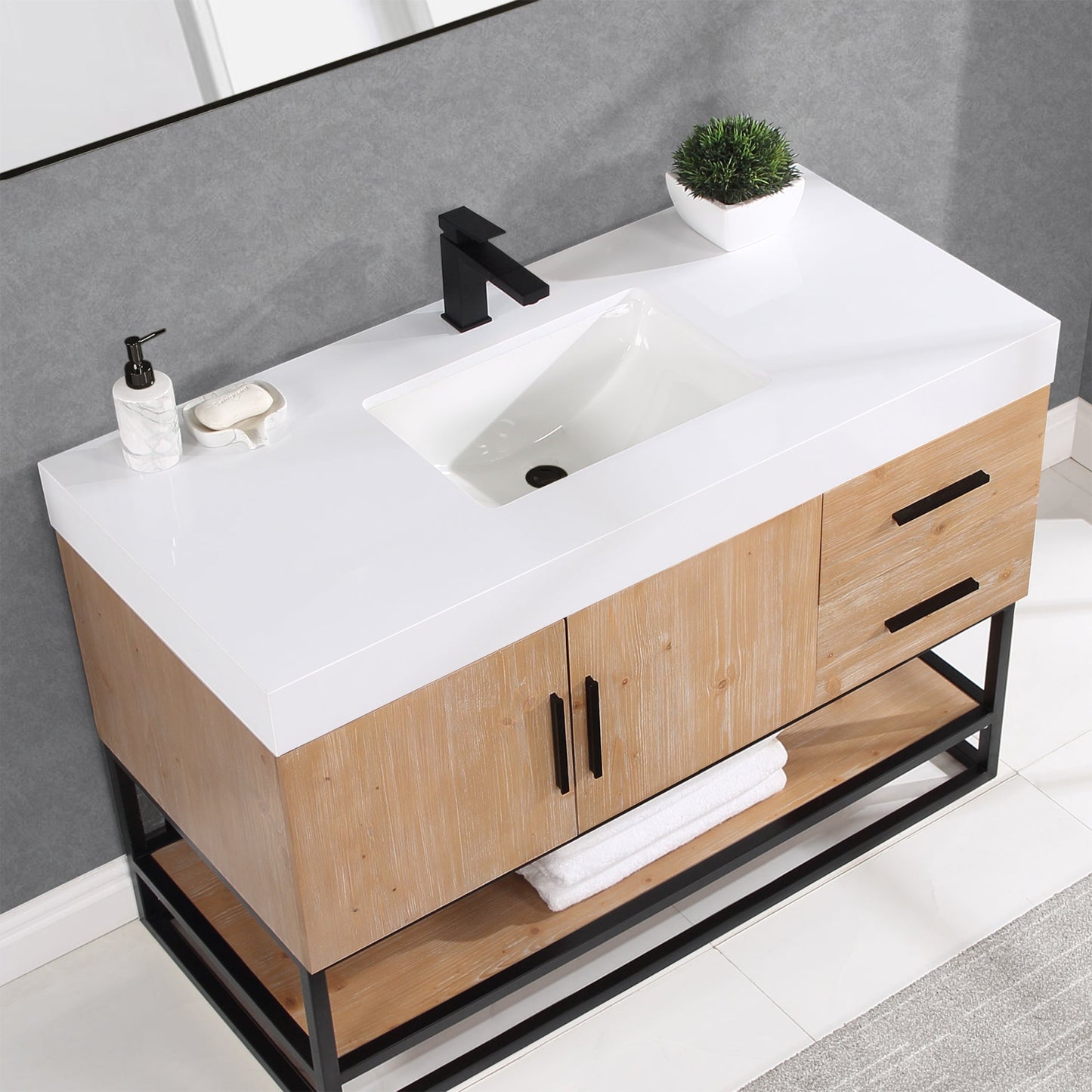Bianco 48" Single Bathroom Vanity in Light Brown with Matte Black Support Base and White Engineered Stone Countertop without Mirror