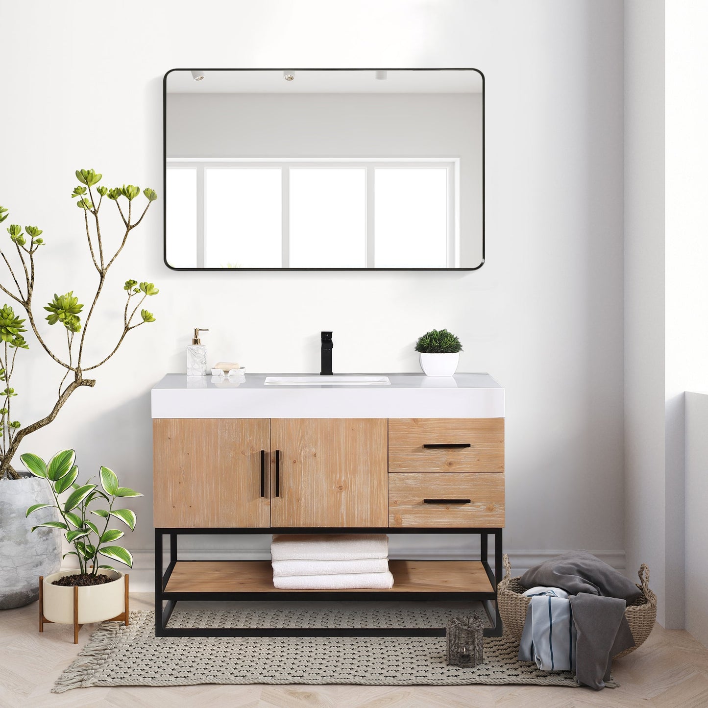 Bianco 48" Single Bathroom Vanity in Light Brown with Matte Black Support Base and White Engineered Stone Countertop with Mirror