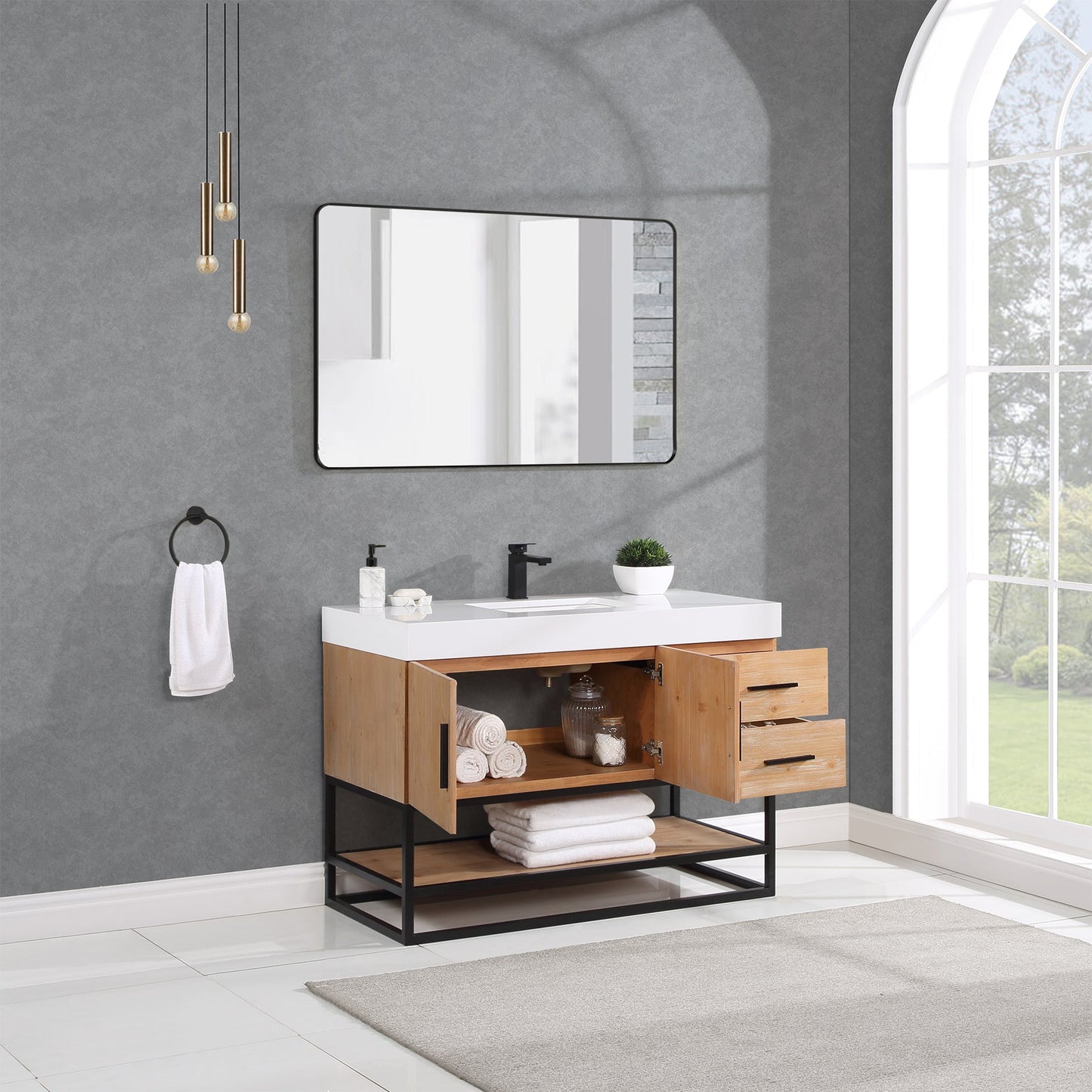 Bianco 48" Single Bathroom Vanity in Light Brown with Matte Black Support Base and White Engineered Stone Countertop with Mirror